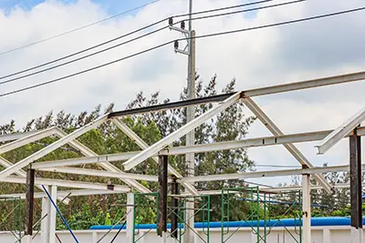 Steel roof trusses on a building site