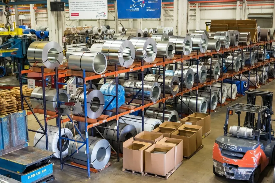 Racks of steel stock in a warehouse